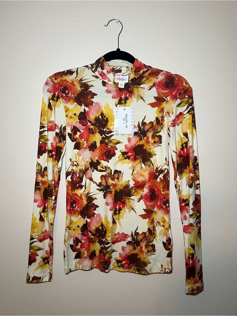 LuLaRoe Penelope Floral Long Sleeve Mock Neck Top - Red, Yellow, Brown